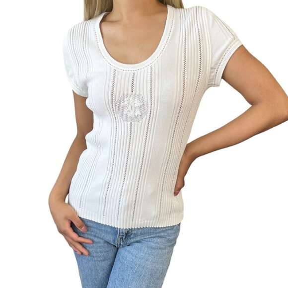CHANEL Vintage 03P CC Logo Knit Rib T-shirt Top Mesh White Cotton [106038] - Picture 1 of 12